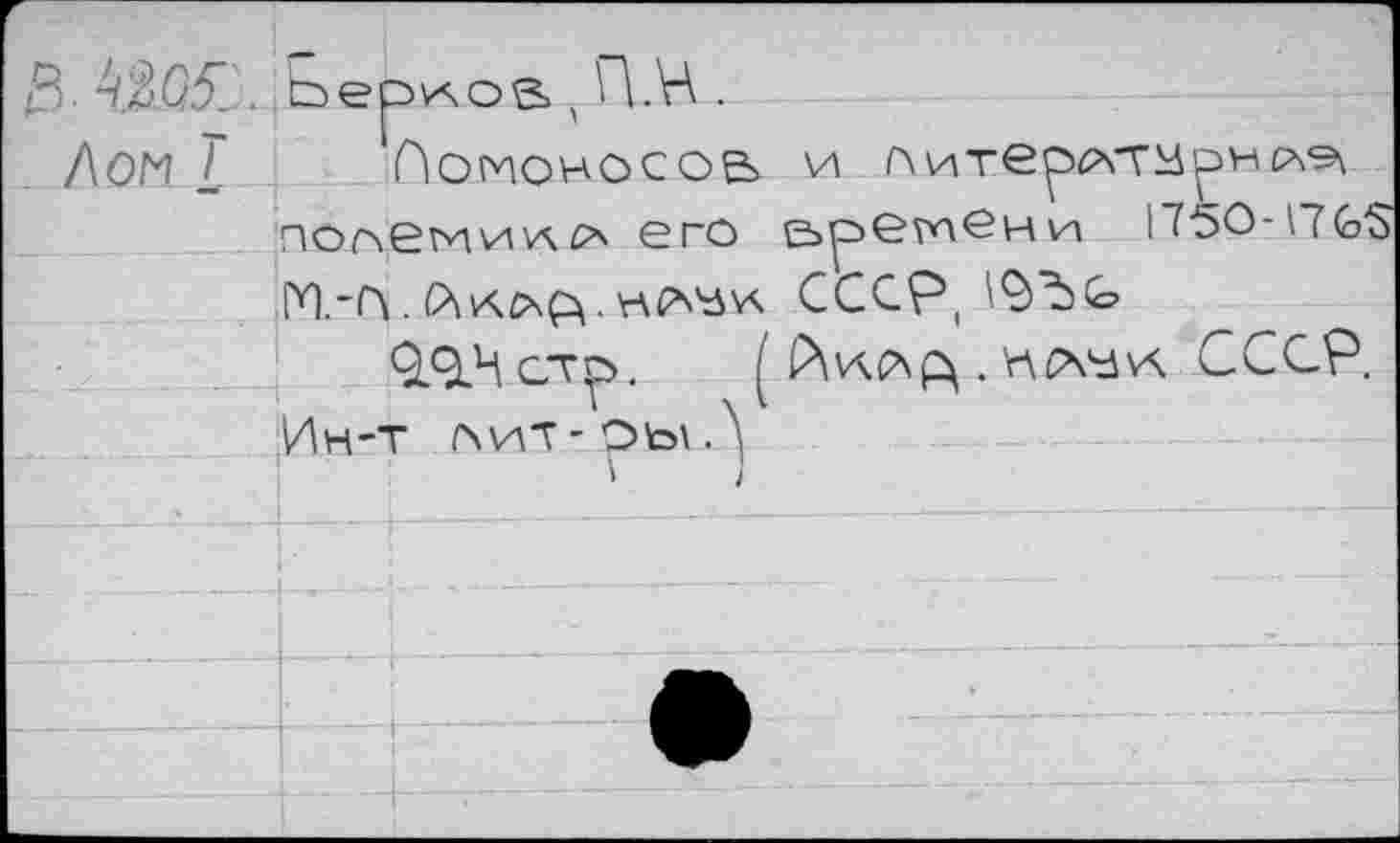 ﻿3
. Лом I
.	, ИМ .
Ломоносов по^еми'д^ его [Ч~1Л . O\WC\<à . HÉ*W
0.9.4 gt^. ( Ин-Т ЛИТ-ОЫ?'
и /литер^т^нс^ £>ре?ген\и 1750'1765 СССР, IÇrbG P\v\(A£. СССР.